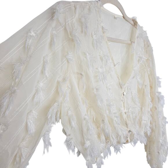 Boho Fringe Overlay Chiffon Crop Blouse Hippie Festival Sheer Button Sz M Cream - Picture 7 of 11